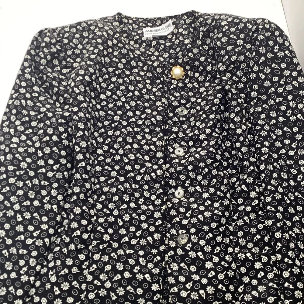 Vintage Andrea Gayle Floral Dress Suit Set Size 10 Black White Pearl Button - Picture 8 of 12